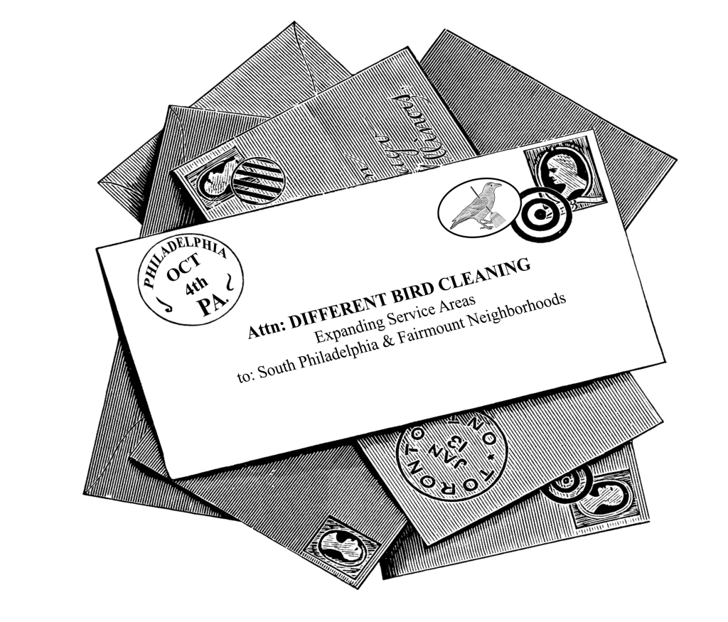 a stack of envelopes depicted in the style of vintage black and white engraved prints. the top envelop has the following text. Attention different bird cleaning. expanding service areas to south Philadelphia and fair mount neighborhoods